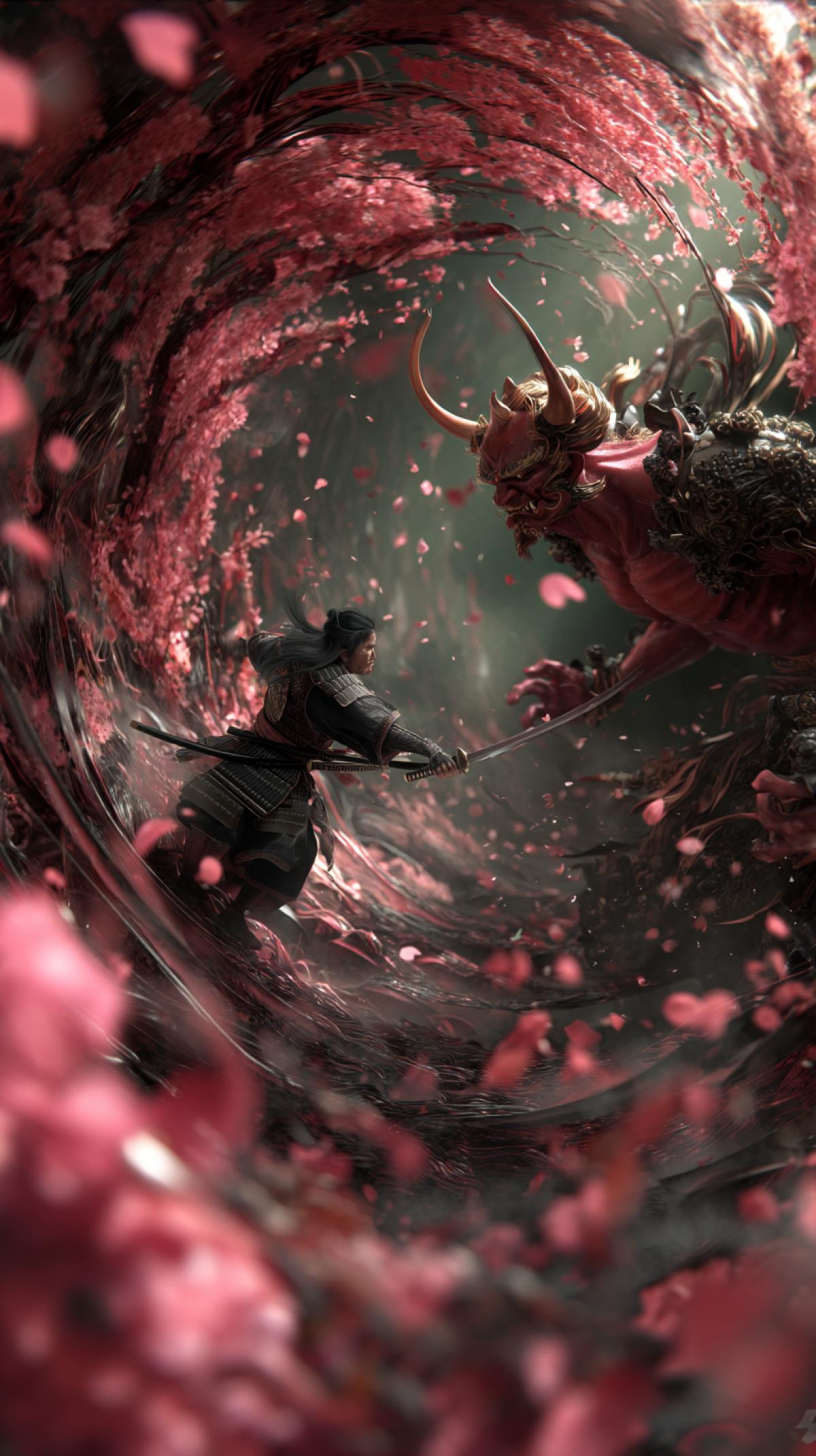 A samurai and a big , demonic oni clash in a swirling vortex of cherry blossoms and dark energy, intense action, dramatic com4k, highly detailed, trending on artstation, cinematic