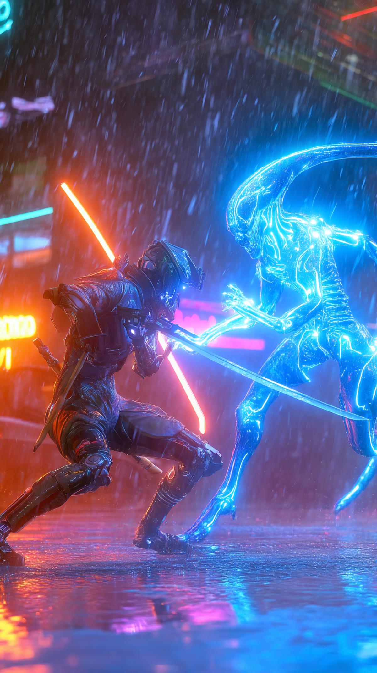 Epic battle between a futuristic cyborg knight and a bioluminescent alien creature, neon lights reflecting on rain-slicked streets, dynamic 4k, artstation trending, octane render