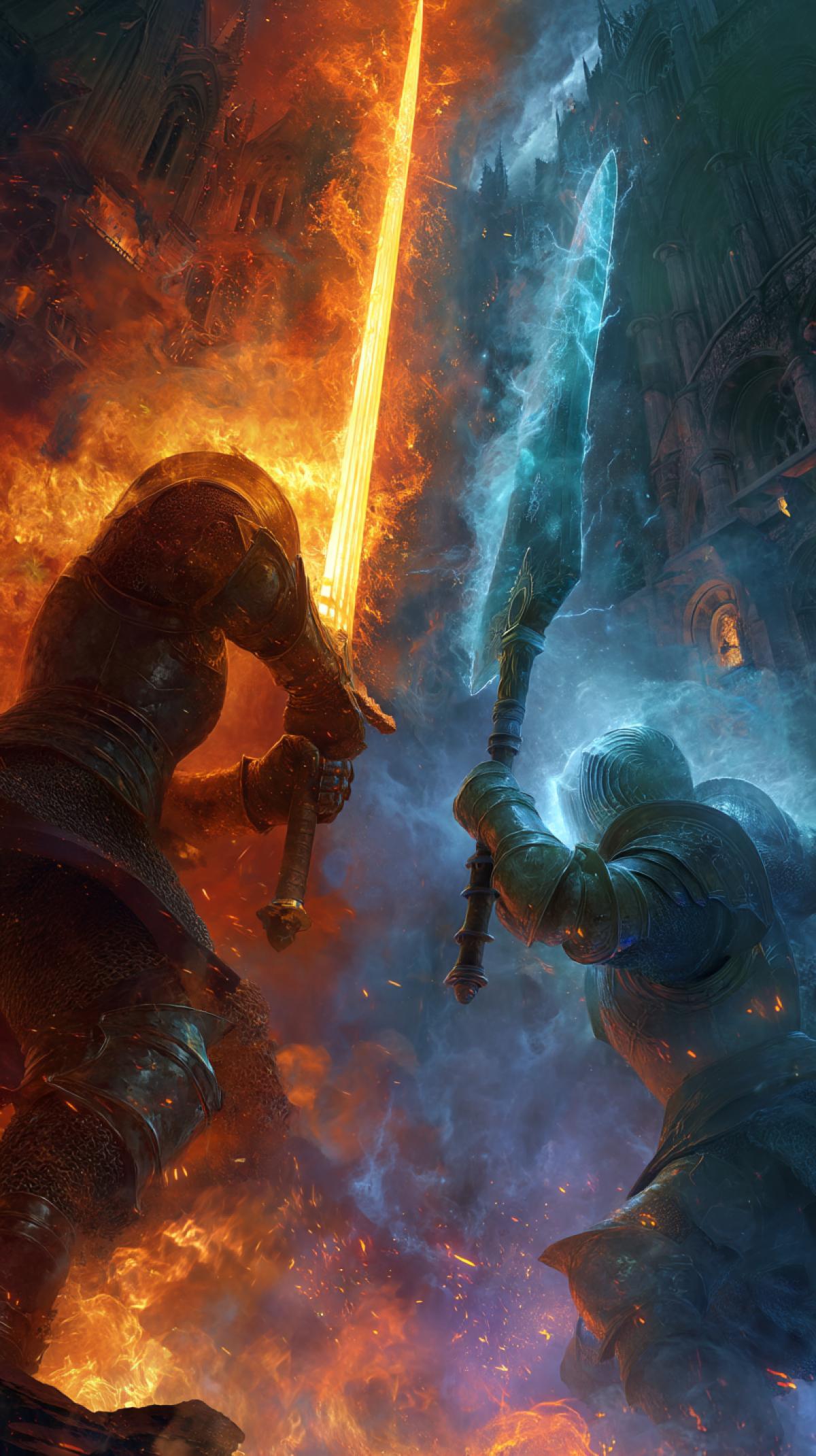 Two colossal warriors clash amidst a crumbling fantasy city, one wielding a fiery greatsword, the other a shimmering ice axe, vibrant colors, hyperrealistic, cinematic lighting, 8k