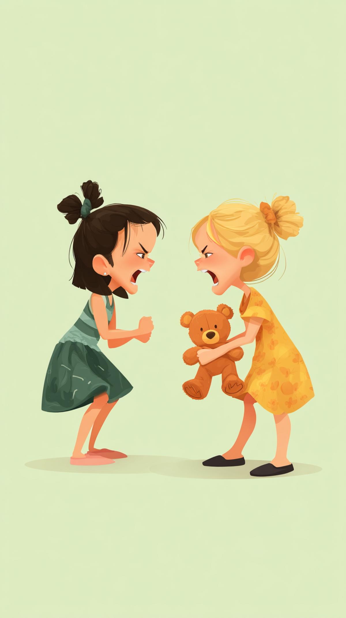 Two little girls are fighting over a teddy bear, 2d vector cartoon characters