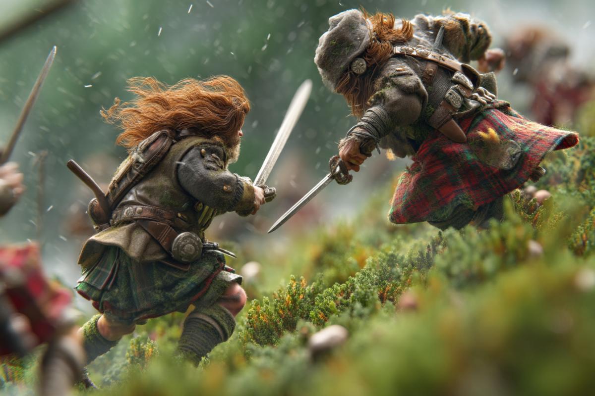Create an image in which two highlanders lead an exciting battle, dynamics, movement, photorealistic