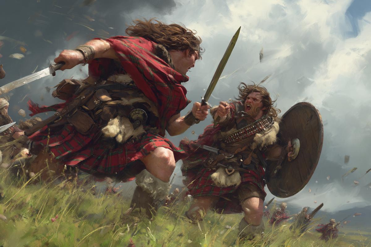 Create an image in which two highlanders lead an exciting battle, dynamics, movement, photorealistic