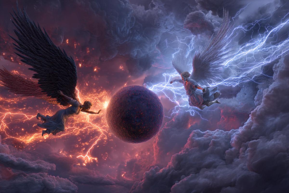Epic battle with energy balls, lightning, the struggle of a dark angel against a bright angel, the struggle of evil against good, magic, surrealism