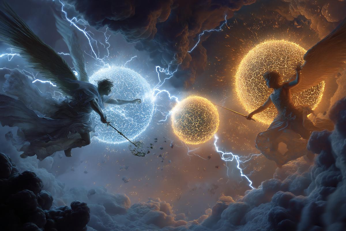 Epic battle with energy balls, lightning, the struggle of a dark angel against a bright angel, the struggle of evil against good, magic, surrealism