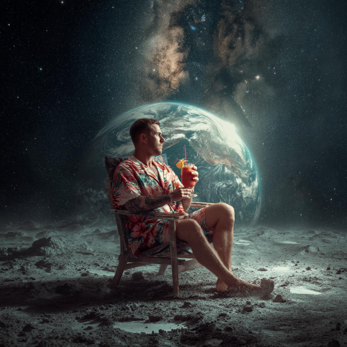 A man in a Hawaiian shirt, sits in a chair in space on the moon, looks at the ground and drinks a cocktail, against the background of planet Earth, stars, Milky Way, high detail