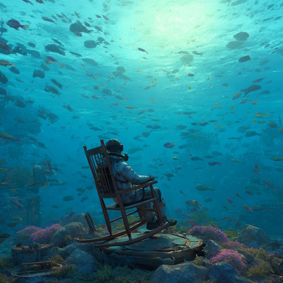 The scuba diver sits in a rocking chair at the bottom of the ocean, looks at the fish, against the backdrop of the sunken titanium, high detail, realistic graphics