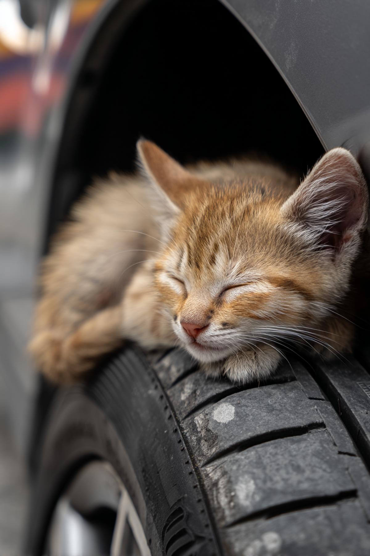 The little cute kitten is sleeping sweetly on the front wheel of the car.