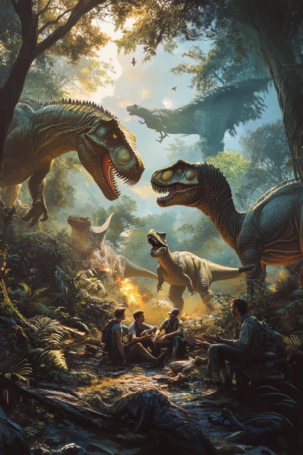 The company of friends sits in the wild forest of the Amazon. Against the background of dinosaurs. Tyranosaurs are fighting