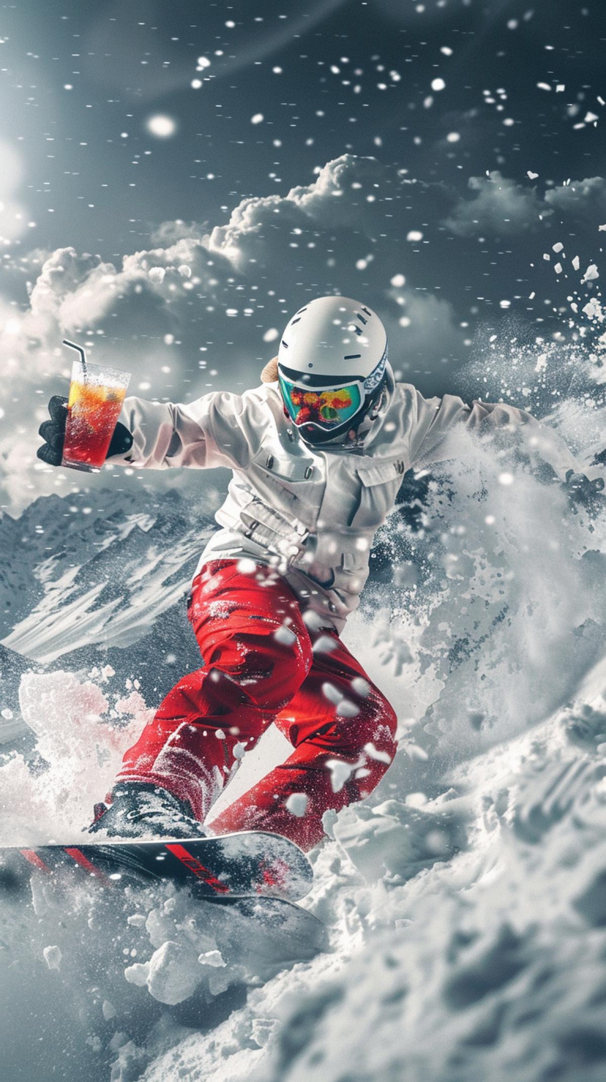 The hyper-realistic advertising image of a young snowboarder, in a white and red jumpsuit, in flakes of snow, with a glass of refreshing fruit cocktail, radiating sharp dynamic energy, is akin to the bold aesthetics of Dragon Alliance. The snowboarder is caught off guard, he spins in the air, demonstrating with incredible detail the texture of the packed snow forming his , icy contours and sharp facial features. Their snowboard is sleek and modern, glistening with frost and ice particles that trail behind it. A gloomy mountain scene with thunderclouds and sunlight breaking through them is depicted in the background, which gives the frame drama and intensity. The bright and high-contrast lighting with deep shadows highlights the snowboarders angular figure, creating an avant-garde atmosphere filled with adrenaline. The image looks rude, rebellious and unconditionally bold, which is ideal for advertising winter sports and recreation.