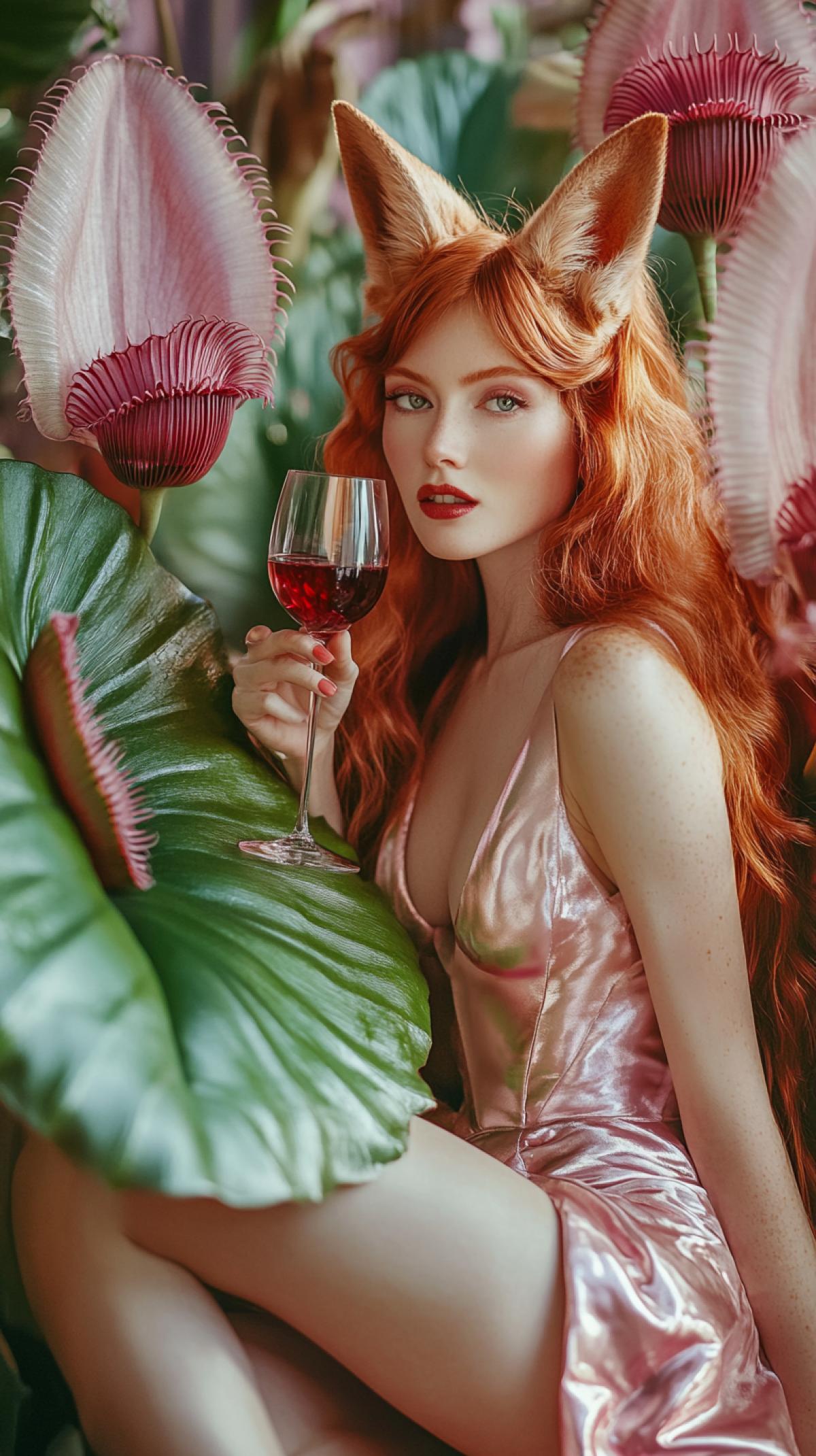Editorial photo of a beautiful woman with fox ears, with a glass of red wine, sitting on a big green leaf of Venus flytrap next to an open Dionaea flower. The woman has red long wavy hair and she is wearing a pink satin dress. Lilac background with big pink flowers of Venus flytrap. Bright. Juicy colors. High contrast. Vogue bright eyes v 6.1