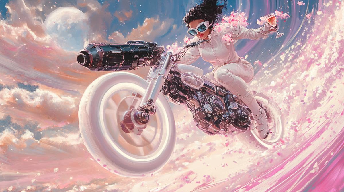 an oil painting in the style of a gloomy fantasy depicting a powerful female rider on a futuristic high-speed bicycle with luminous white wheels, in a cream suit and protective glasses, gloves, with a glass of pink sparkling champagne, flying in a hyperspeed spiral. A massive dark alien pistol with a floral engraving spins in slow motion next to her, caught up in a storm of motion blur and wind. Cinematic hyperspeed effect, dynamic camera viewing angle, luminous dust trails, shifting vector background, moonlit sky, intense movement, surreal sci-fi energy, 16 frames per second feeling, abstract futuristic environment, 8K detail, no compression artifacts