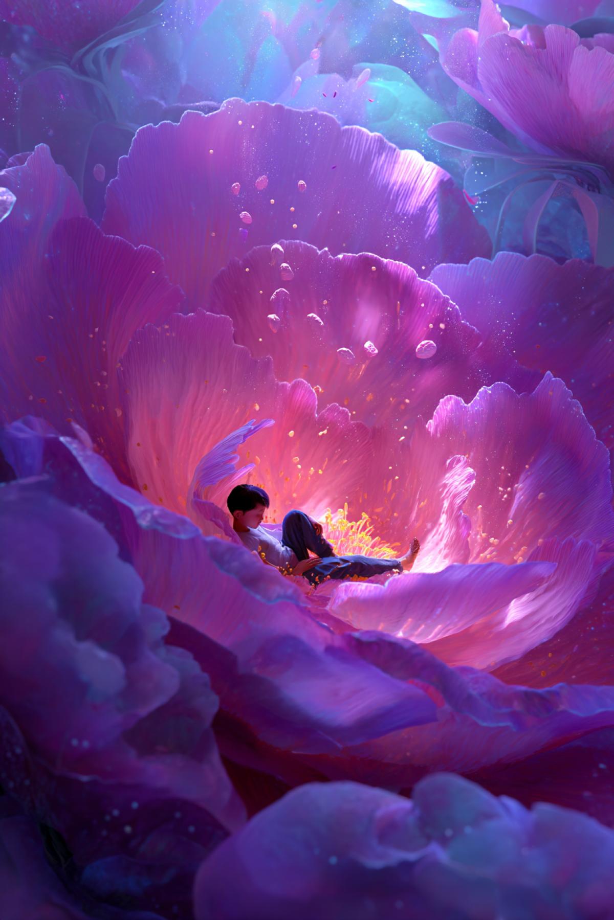 tiny human lounging inside a colossal blooming flower, petals glowing with soft ethereal light, dreamy floating garden in the clouds, surreal and magical atmosphere, ultra-detailed, vibrant colors, cinematic lighting