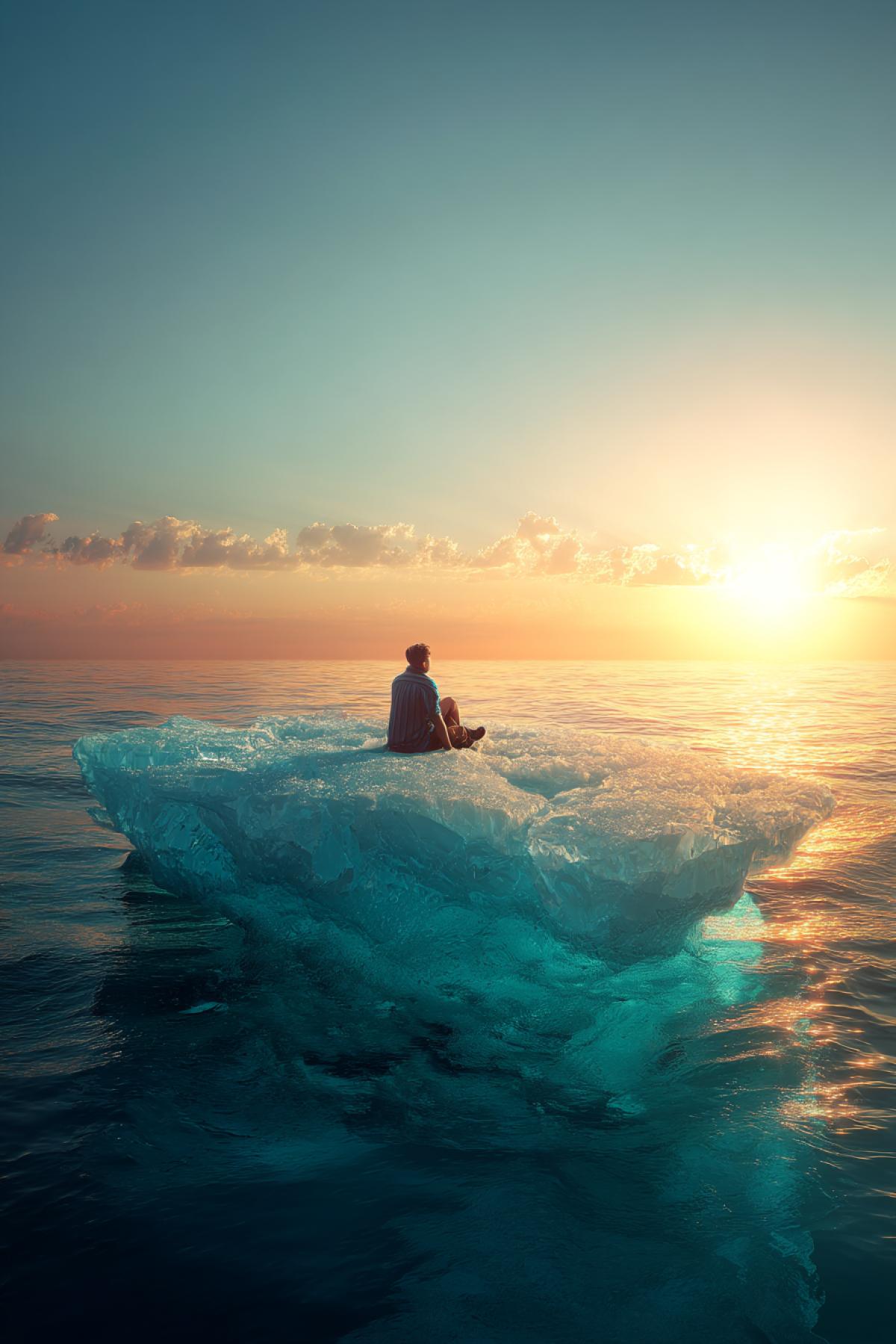solitary traveler relaxing on a crystal-shaped floating iceberg, shimmering turquoise ice, surrounded by endless golden sunset ocean, breathtaking beauty, surreal yet photo-realistic style, magical realism, cinematic light