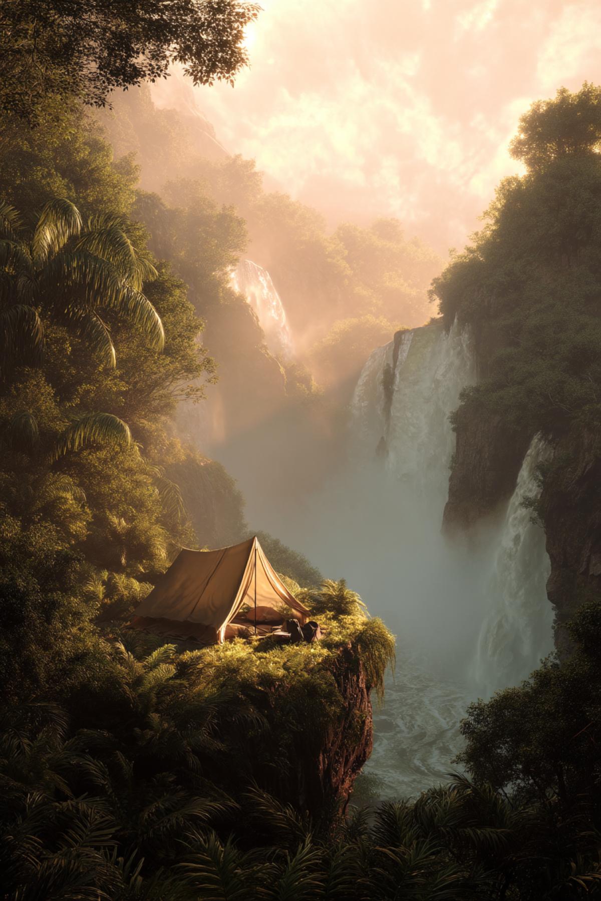 adventurers cozy tent set up right on the edge of a massive jungle waterfall, lush greenery everywhere, misty rainbow in the spray, warm golden hour light, vibrant and dreamy, ultra-detailed, breathtaking scene