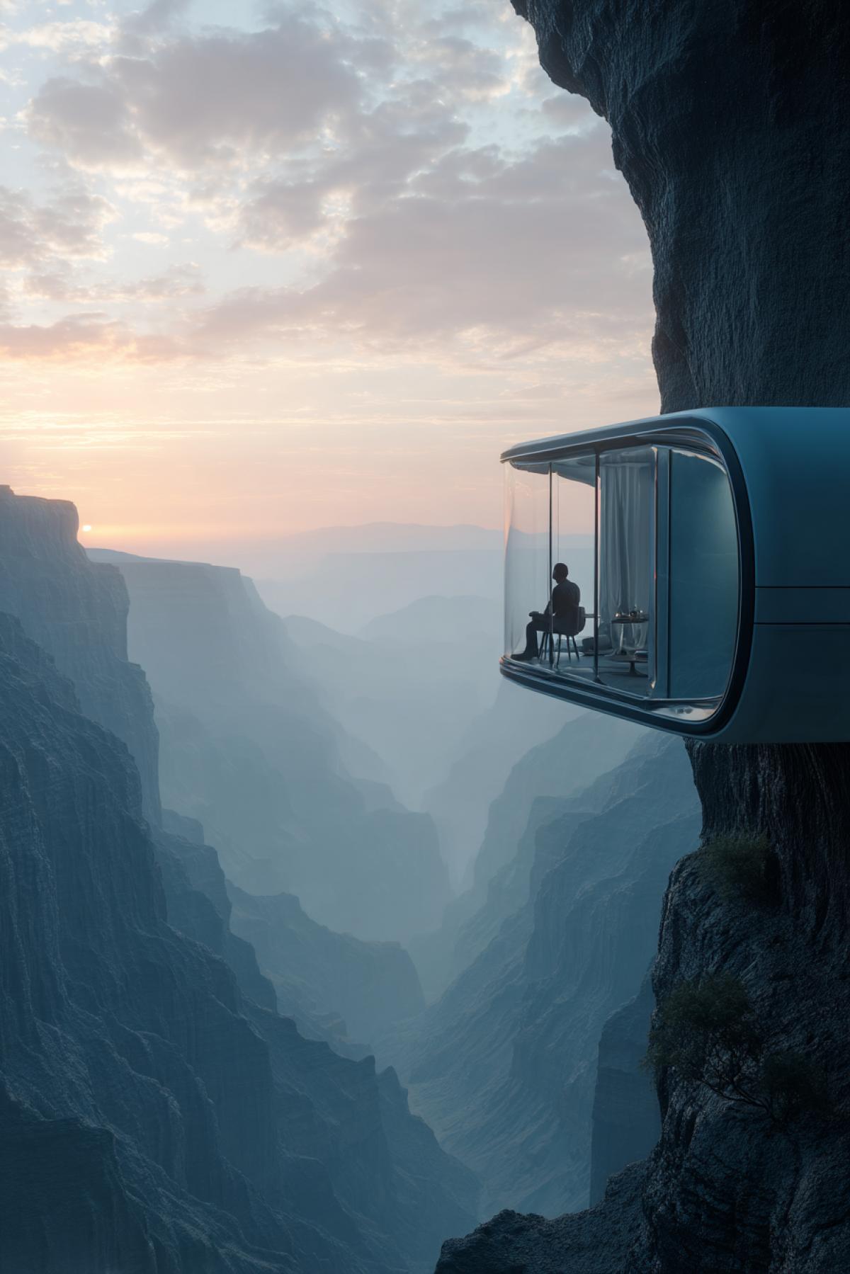 sleek futuristic capsule house hanging above a deep misty canyon, human sitting on the transparent balcony enjoying sunrise, surreal dreamscape, delicate soft colors, hyper-detailed and photo-realistic, cinematic masterpiece