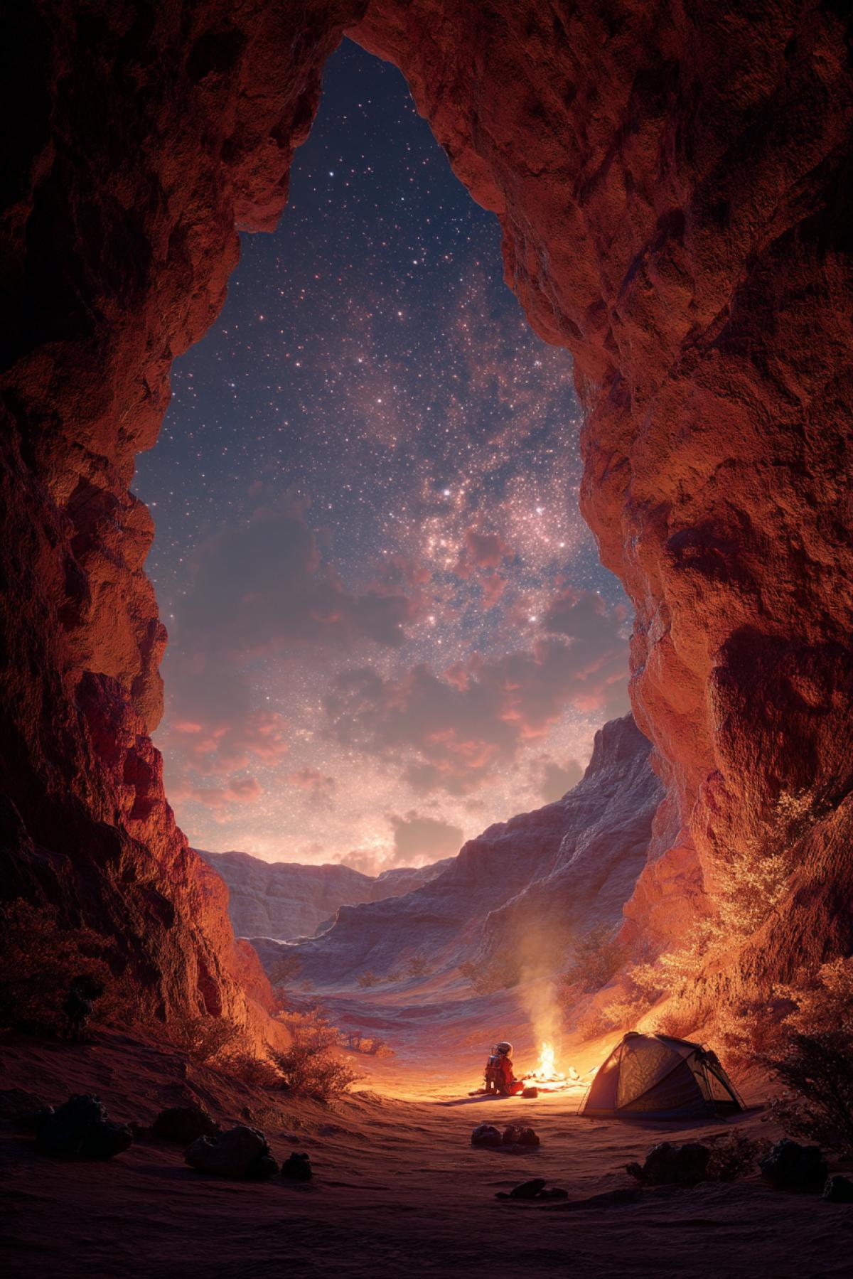 space traveler camping inside a vast ancient crater on an alien planet, colorful mineral cliffs, otherworldly stars filling the sky, small glowing campfire, magical and serene atmosphere, hyper-realistic, cinematic view