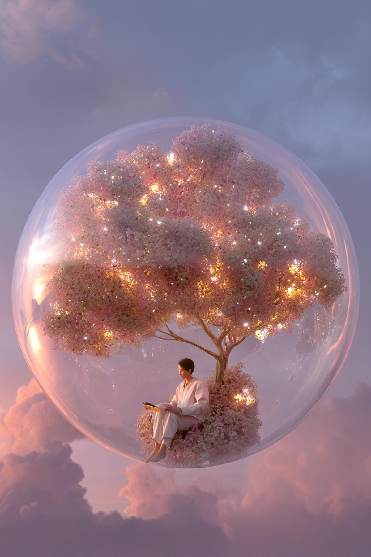 person relaxing inside a colossal transparent tree-bubble filled with glowing flowers, floating high in the pastel-colored sky, soft dreamy lighting, magical fantasy vibe, focus on peaceful smile, ultra-realistic details