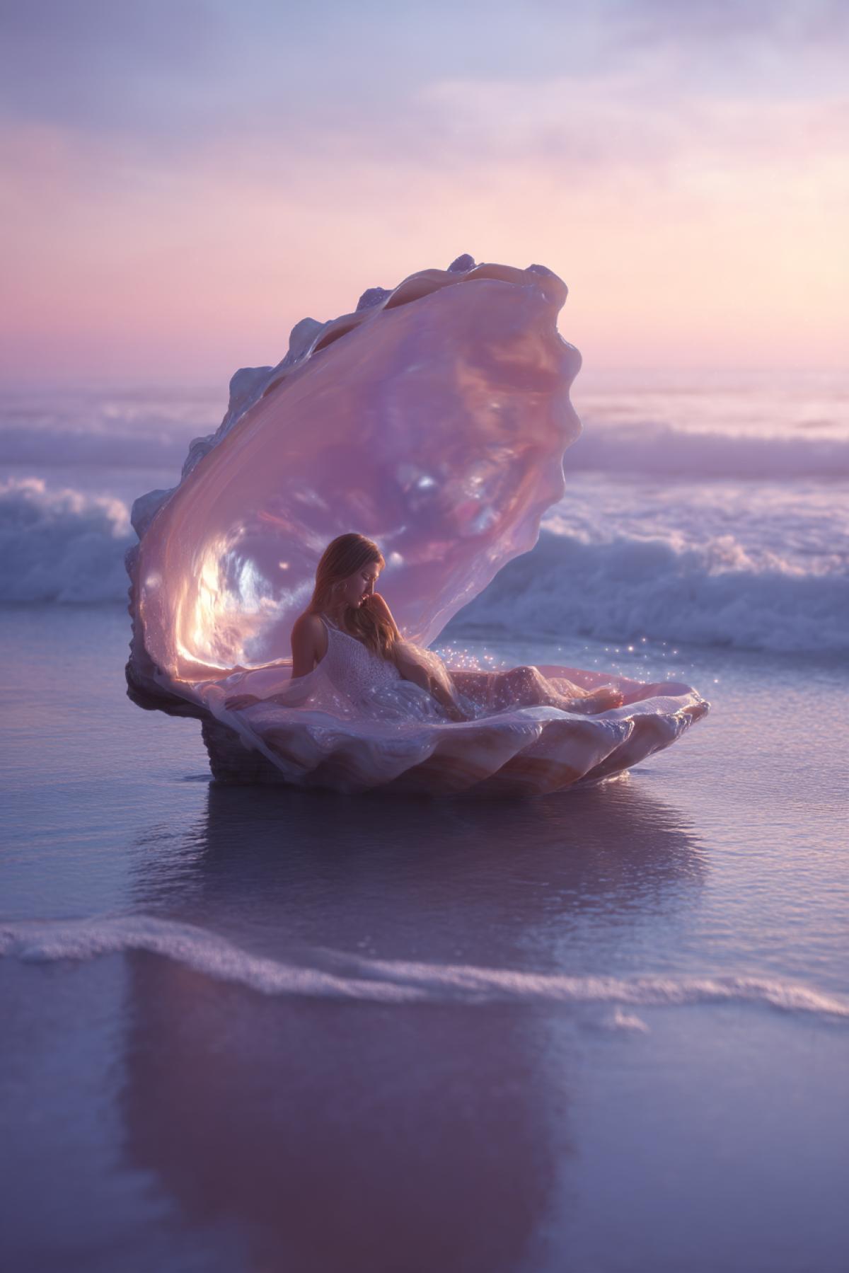 young woman lounging inside a massive pearlescent seashell on a mystic twilight beach, ocean waves glowing with soft magical light, enchanted atmosphere, dreamy and surreal, focus on the woman smiling peacefully, ultra-detailed, cinematic fantasy