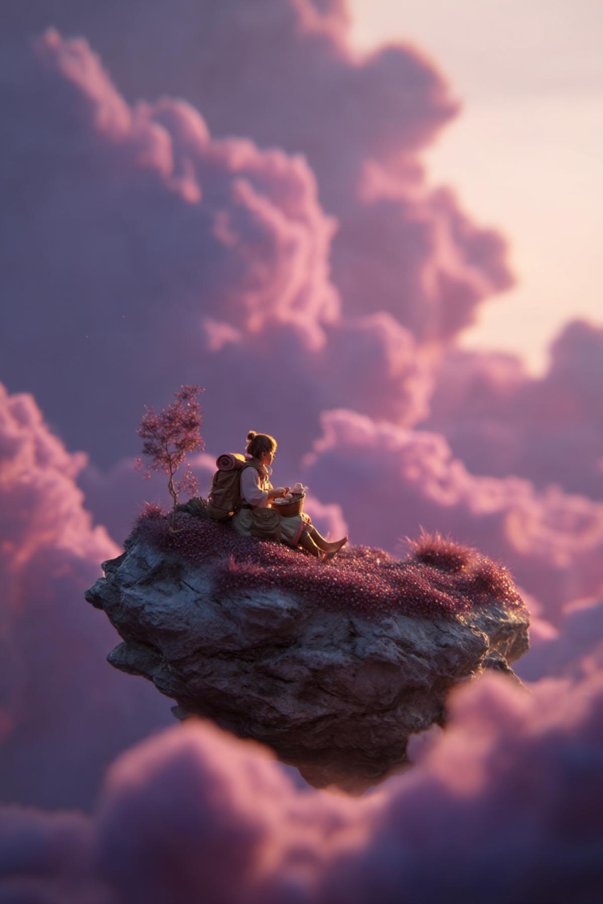 adventurer enjoying a picnic on a small floating rock island, surrounded by violet-pink clouds, magical sunset lighting, cozy atmosphere, focus on joyful expression, fantastical and cinematic scene, highly detailed