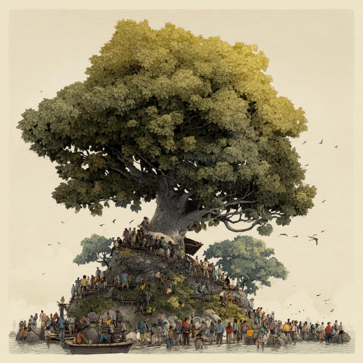 Rest of tourists in the crown of a mighty tree