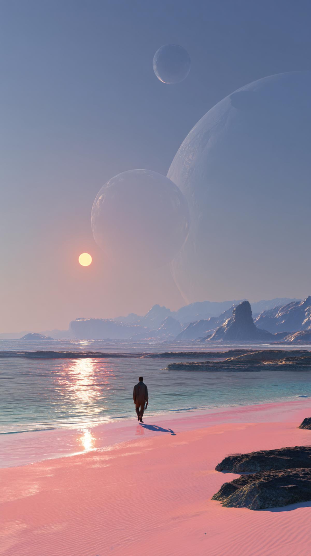 A man sun on a pink sand beach on a planet with two moons, futuristic landscape, hyperrealism.