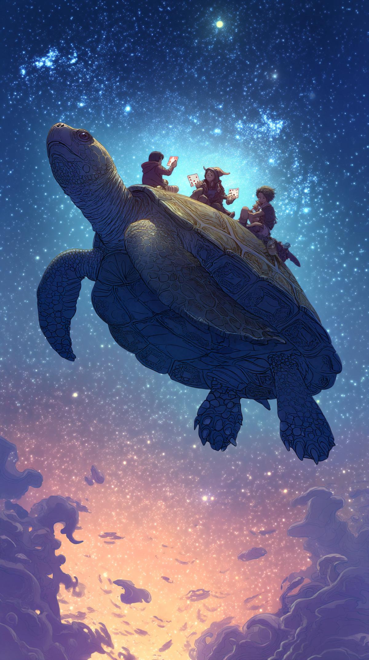 A group of friends playing cards on the back of a big turtle swimming in a cosmic ocean, stars in the background.