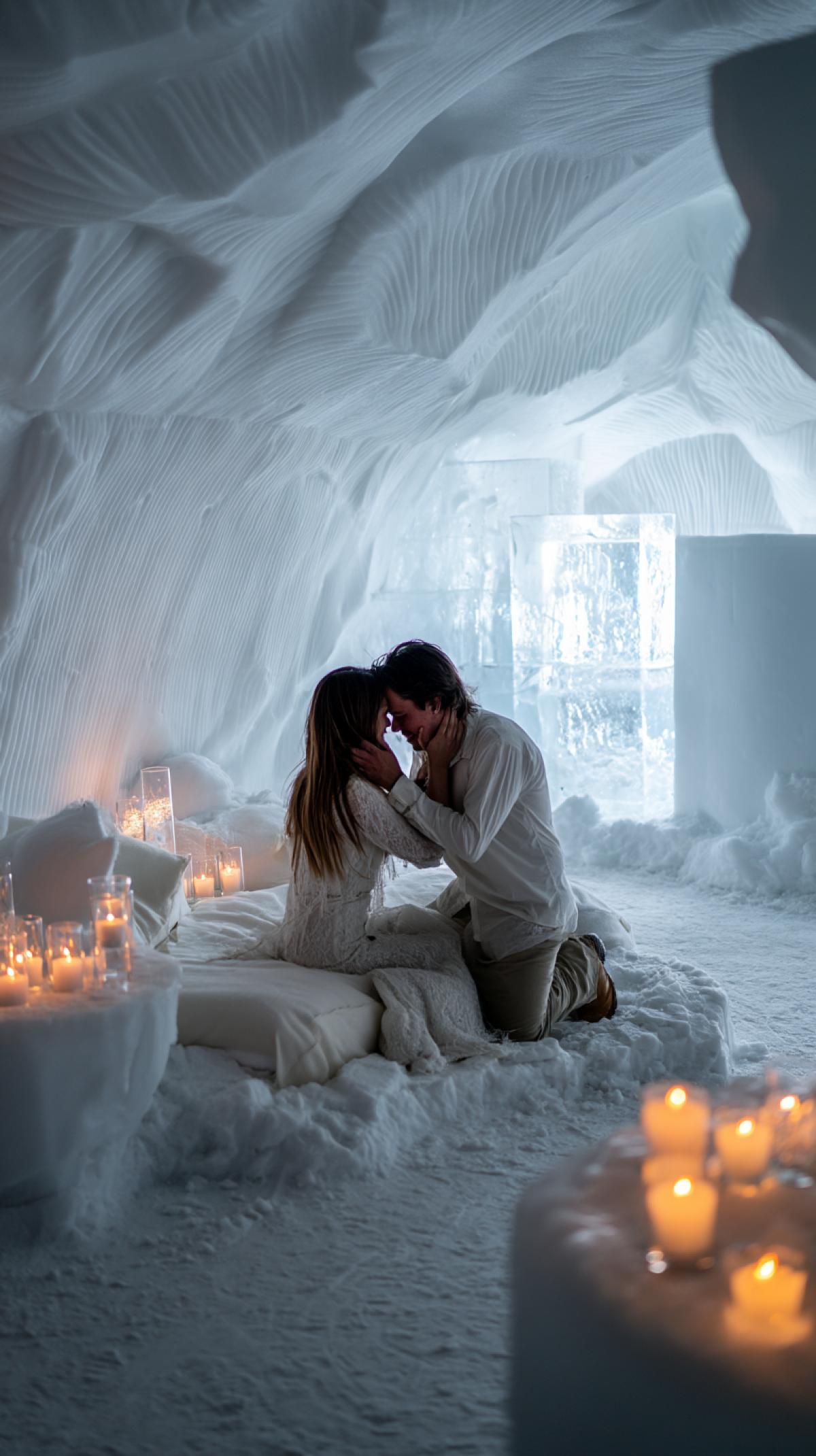Couple embracing on an ice bed in an ice hotel, romantic scene, soft candlelight, magical atmosphere