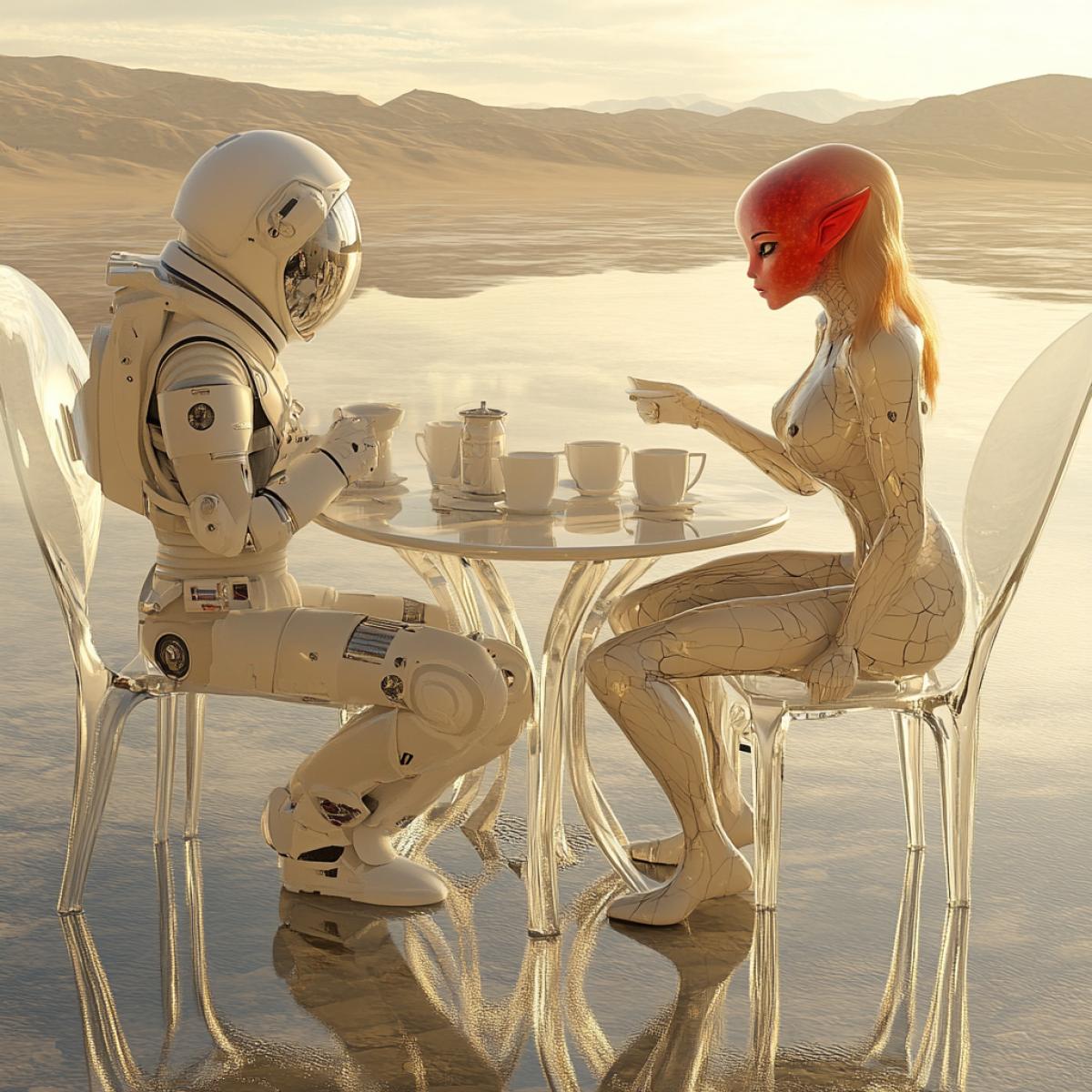Photo for the magazine. The morning coffee of a woman of an astronaut and a pretty redskinned alien on the planet Mars, a table and chairs made of glass, beautiful white cups on the table, atmosphere of fun and joy, high detail, realism