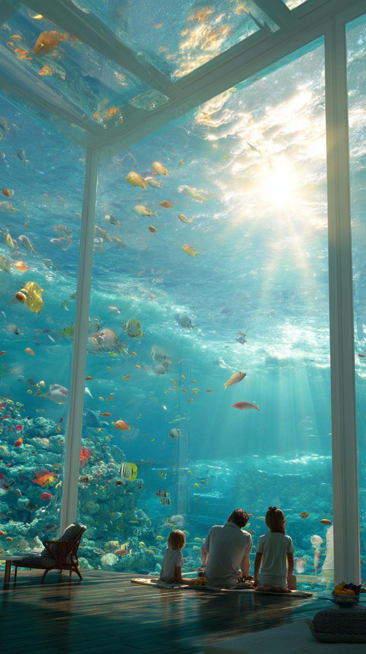 A family is relaxing in an underwater glass hotel, children and parents are watching bright colorful fish, overlooking the ocean. the suns rays are visible through the water, photoshop, professional photo