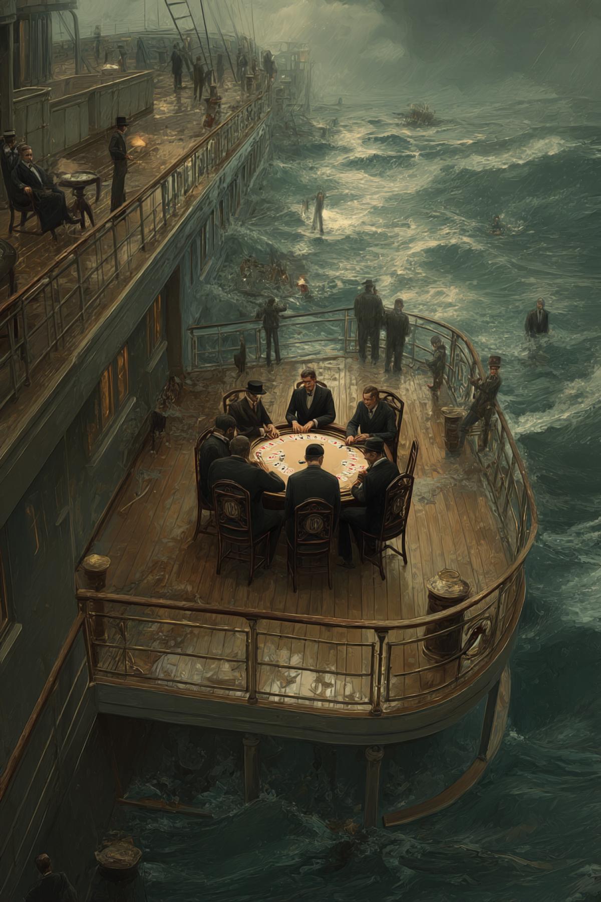 Poker face. The Titanic is slowly sinking. On the upper deck, gentlemen are playing poker. The ordetailedra is playing. Water has flooded half of the ship.