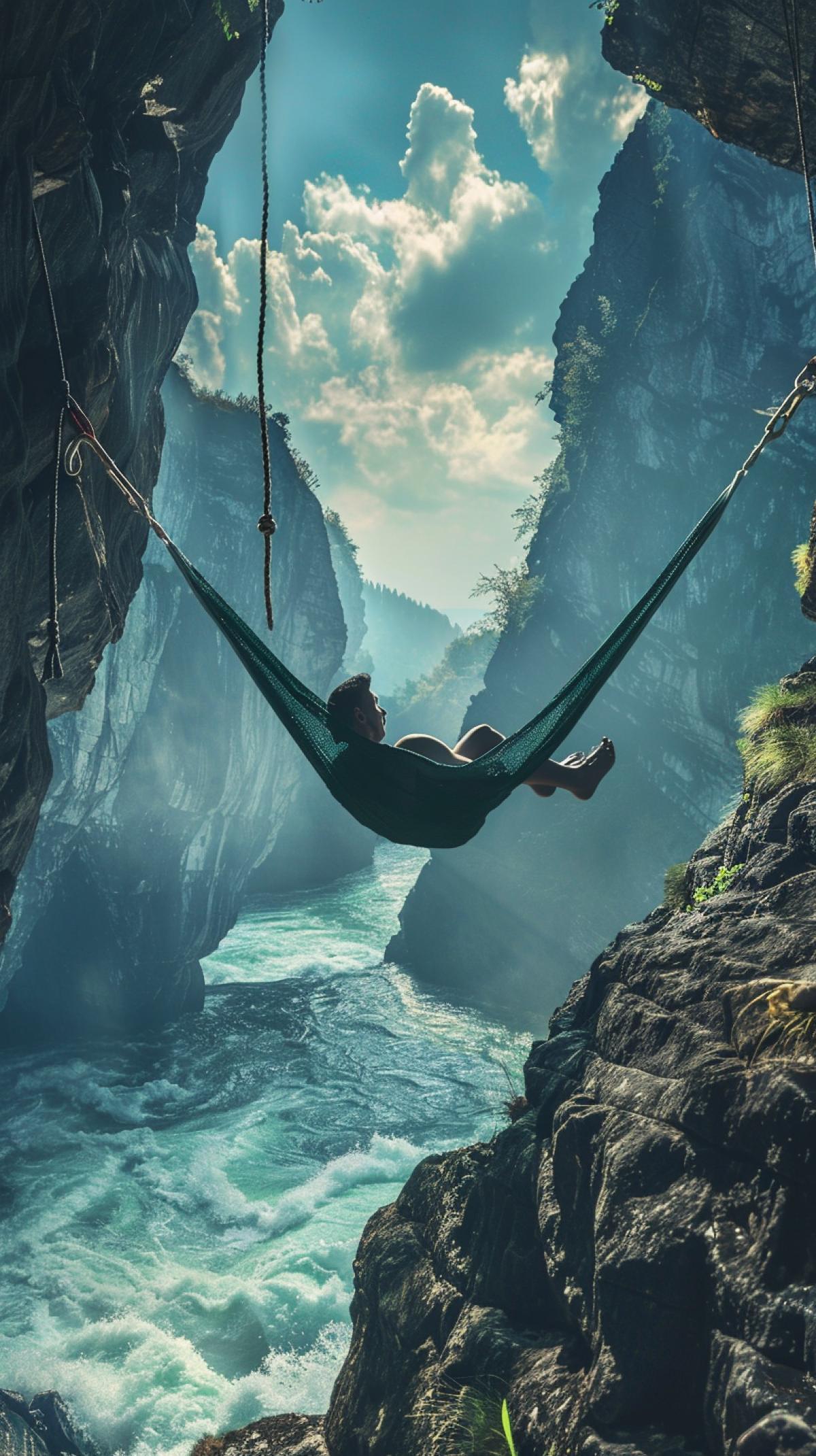 The hammock hangs on the rope over the abyss, below is a stormy river Gornnaya, cliffs. A man in a hammock lies, reads a book