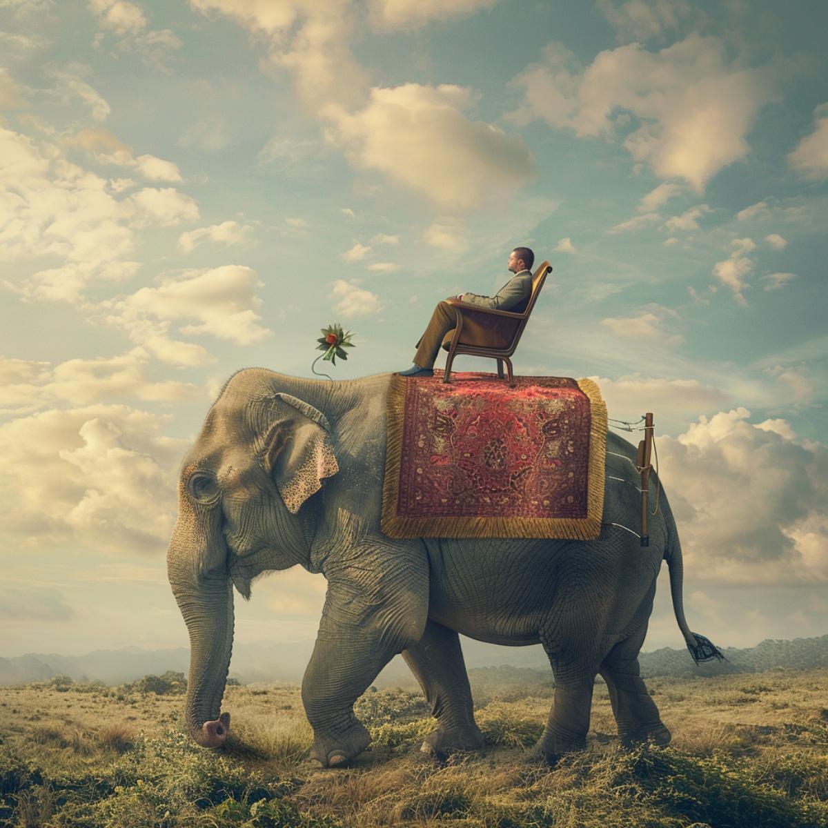 A massage chair stands on the back of a big elephant, a man sits and rests in a chair