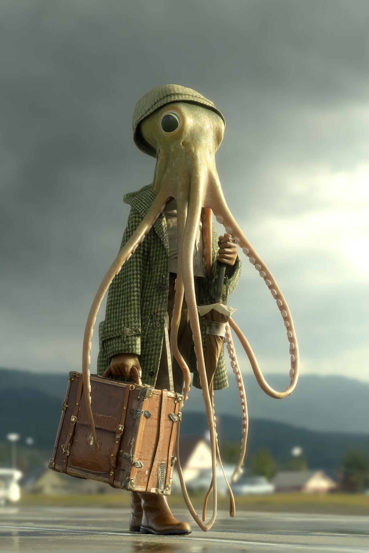 An important anthropomorphic octopus, strolling through the city. Spring.