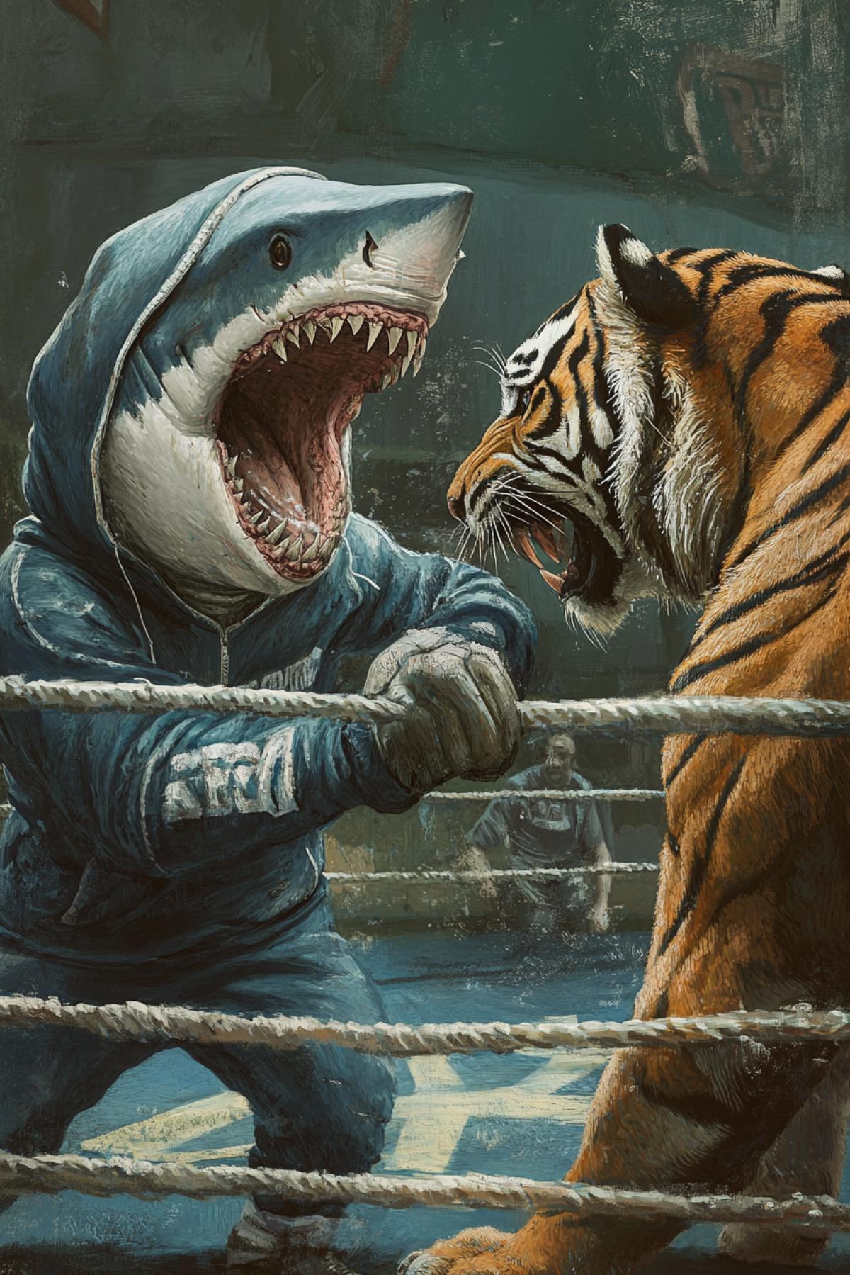 The shark in sportswear and in the hood fights in the ring with a tiger. Style Realism