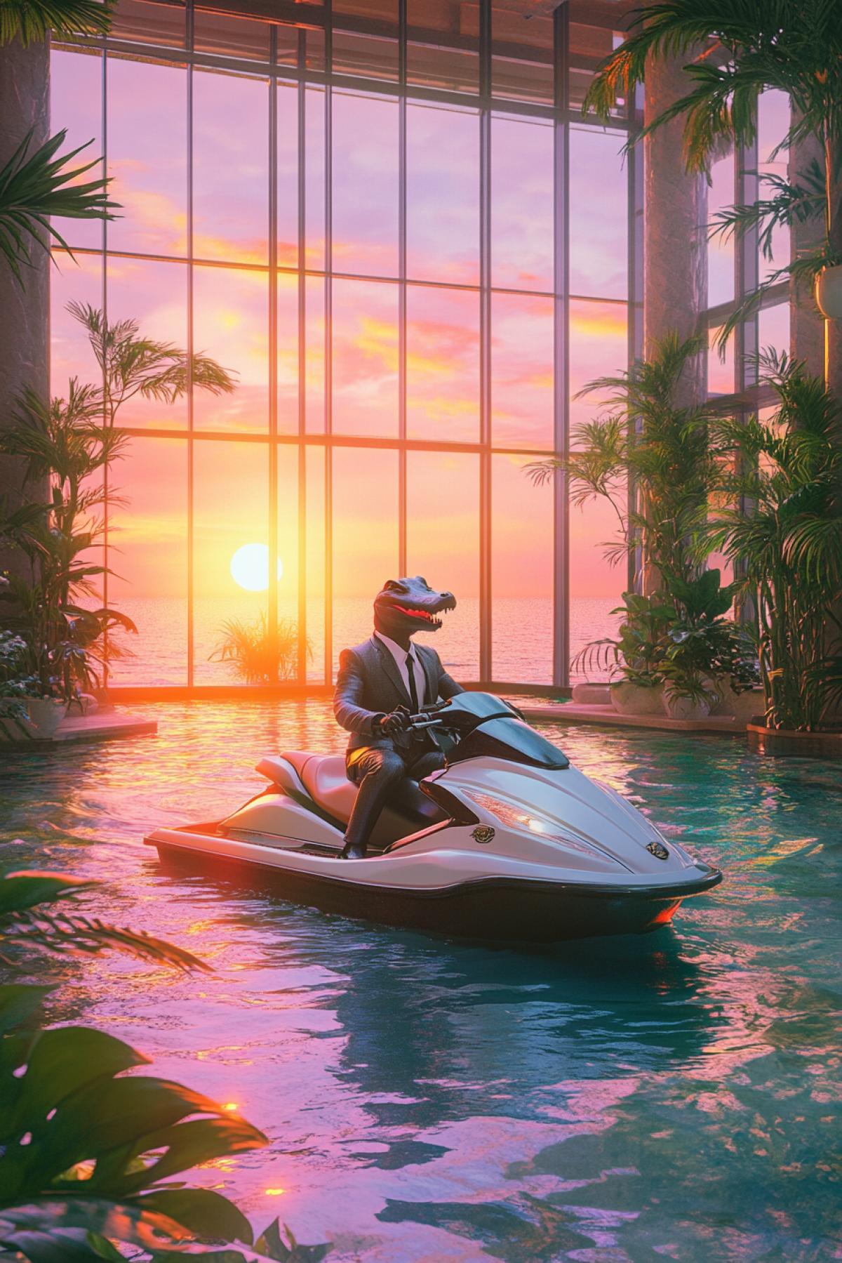 A surreal, futuristic steam scene featuring a crocodile dressed in a formal suit riding a jet ski in a large indoor pool surrounded by floor-to-ceiling windows and lush greenery, with a vibrant pastel sunset visible through the windows and a sense of calm and serenity in the atmosphere.