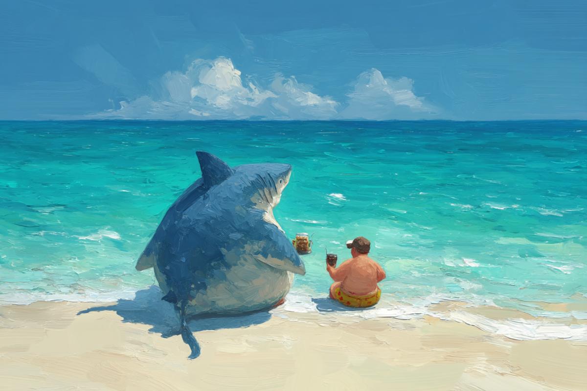 Fat Particular shark sits on the shore in shorts and fishs fish, realism