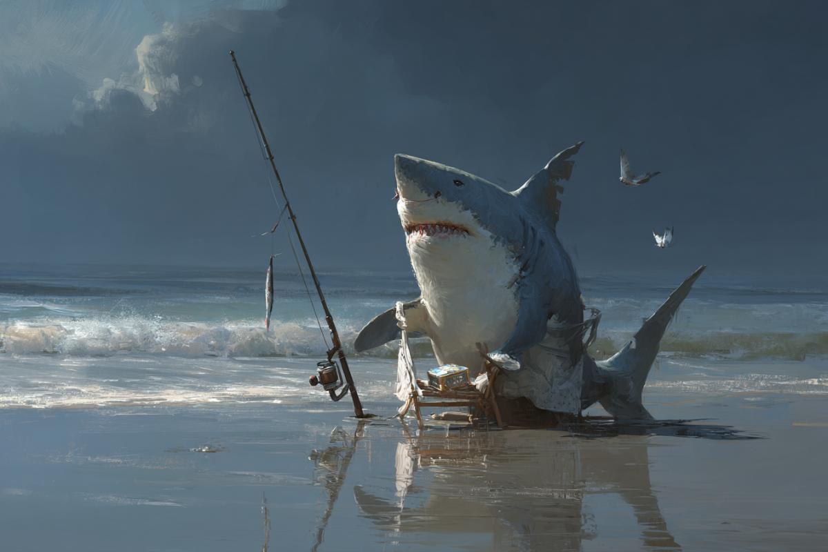 Fat Particular shark sits on the shore and catches fish with a fishing rod, realism