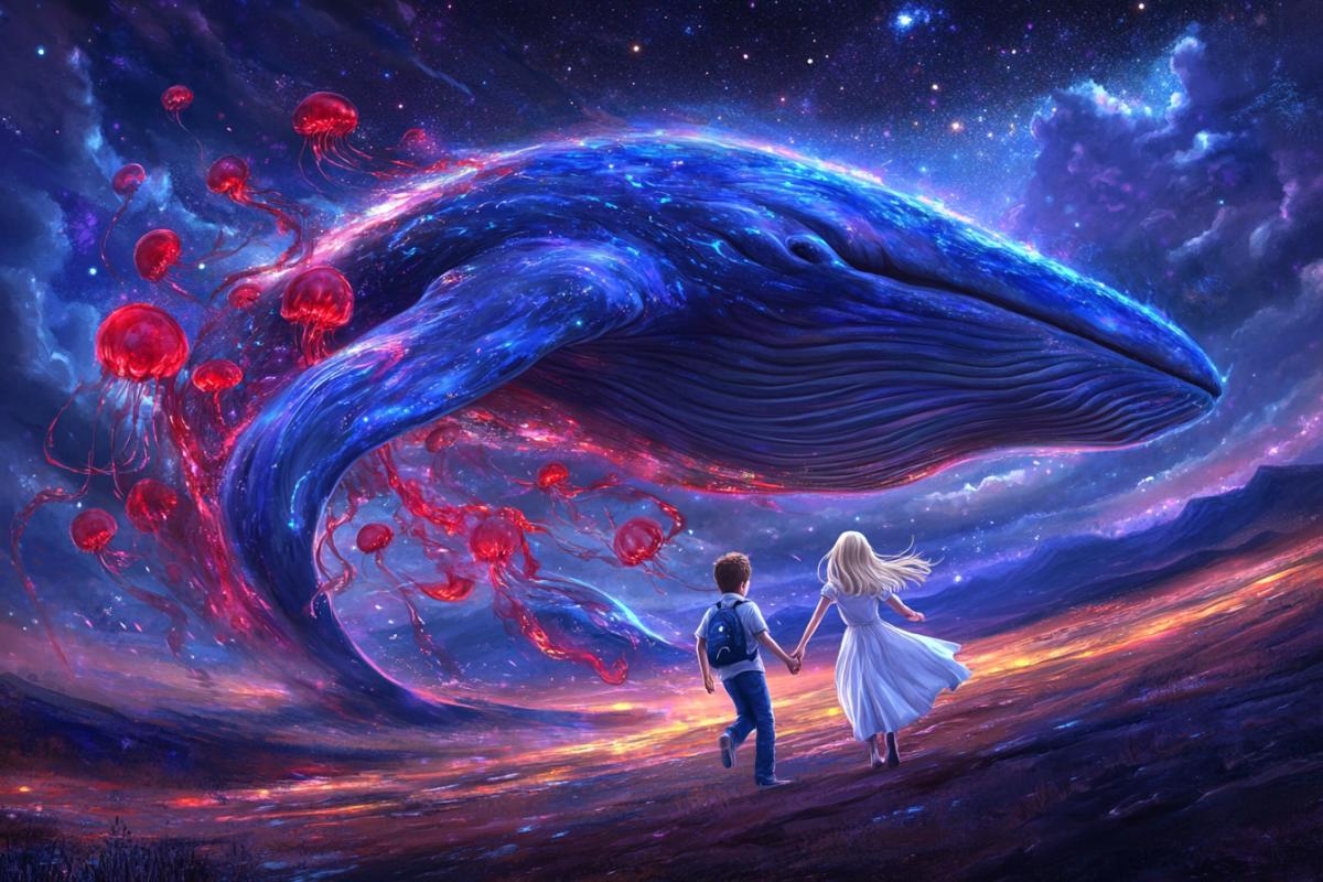 A boy and a blonde girl run hand in hand through a fantasy landscape, with a large majestic blue and purple whale hovering above. The whale is adorned with vibrant red jellyfish that float around its , creating a mesmerizing contrast. The background is a dreamy starry sky with a soft purple glow, and the boy is dressed in a white shirt and blue pants, with a small backpack, while the girl wears a silky white dress. The overall style is whimsical and magical, evoking a sense of wonder and adventure.
