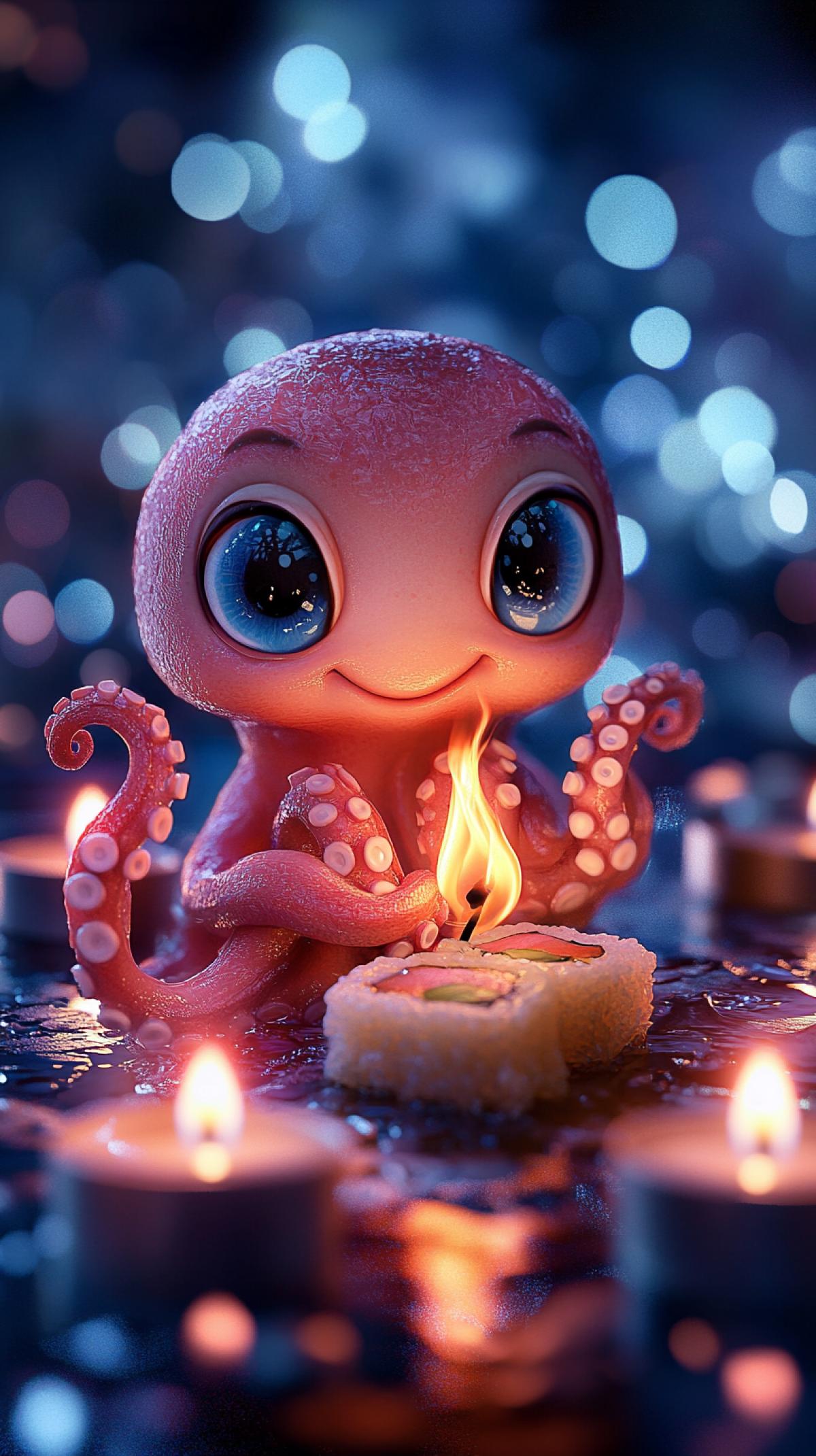 Ethereal ultra realistic futuristic cute adorable little octopus in the form of a burning candle with a big human smile and big beautiful dreamy eyes eats sushi, sits in a fantasy world, background in dark blue-violet sparkling tones, glare, bokeh, diffused lighting, fantasy, intricate, highly detailed, realistic, concept art