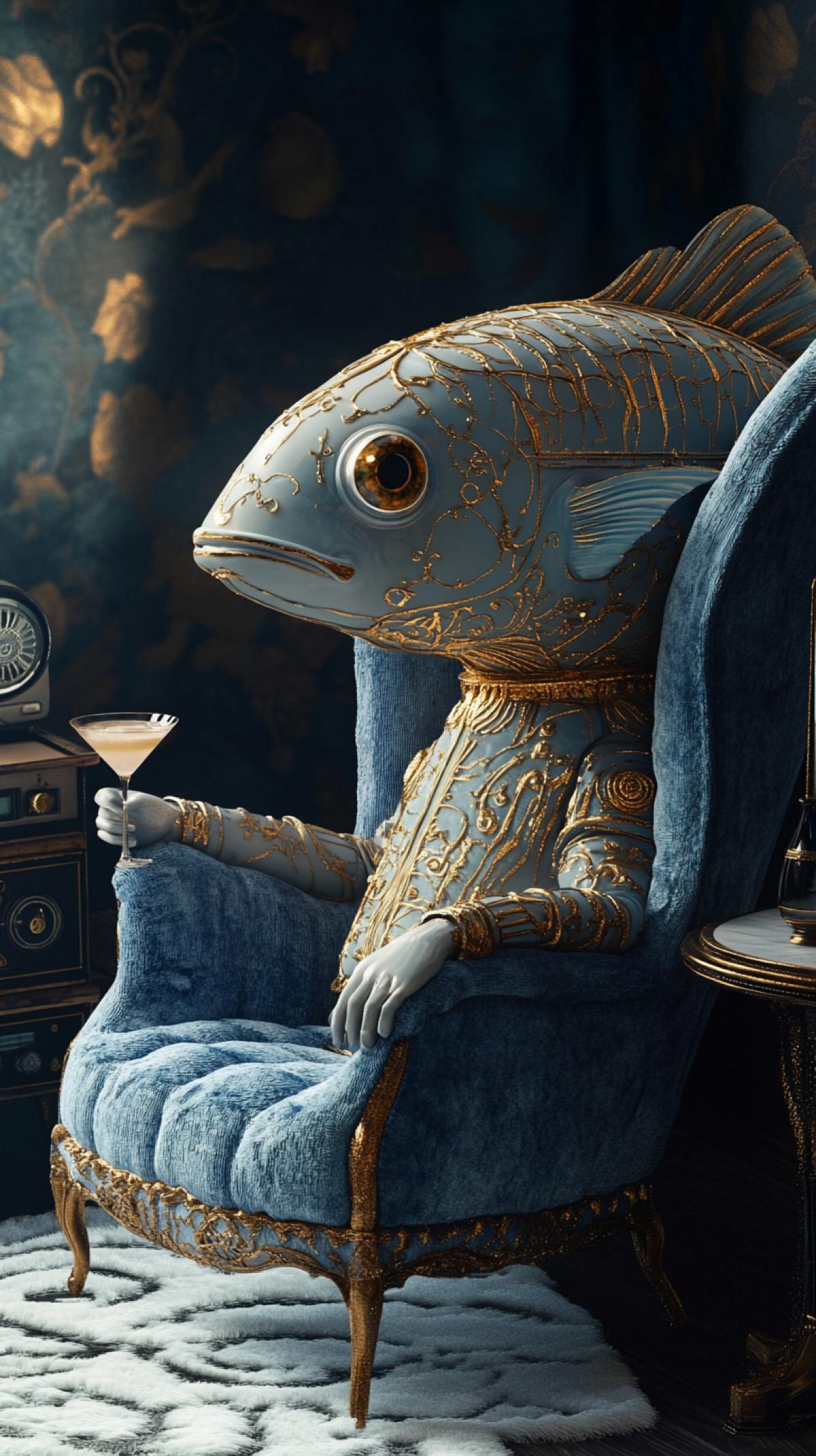 A fish with arms and legs in a cozy velvet blue chair sips martini. Next to it is a coffee table with a retro radio, . a dark and white fluffy rug on the floor. A cozy atmosphere with a touch of surrealism