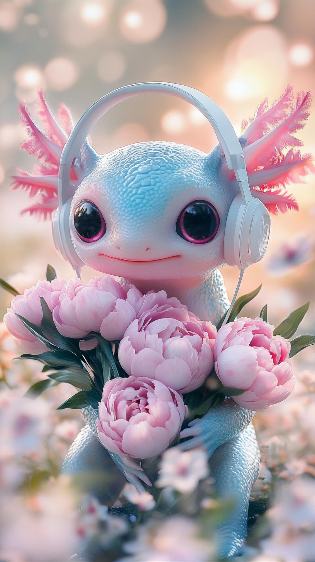 3D projection of a cute axolotl with white headphones, holding a big bouquet of lush pink and white peonies in its paws. 3D flower effect, blurred spring background, digital image, details, axolotl, big shiny eyes, fluffy gills, pastel pink and blue skin, limbs with delicate patterns, blooming peonies, soft glowing bokeh, dreamy fairytale atmosphere, magical lighting, photorealistic details.