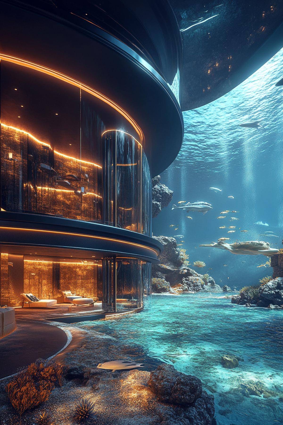 The atmospheric, aesthetically completed picture of the underwater hotel, which combines the technologies of the future and the beauty of the underwater world, the interior decoration in the style of realism.