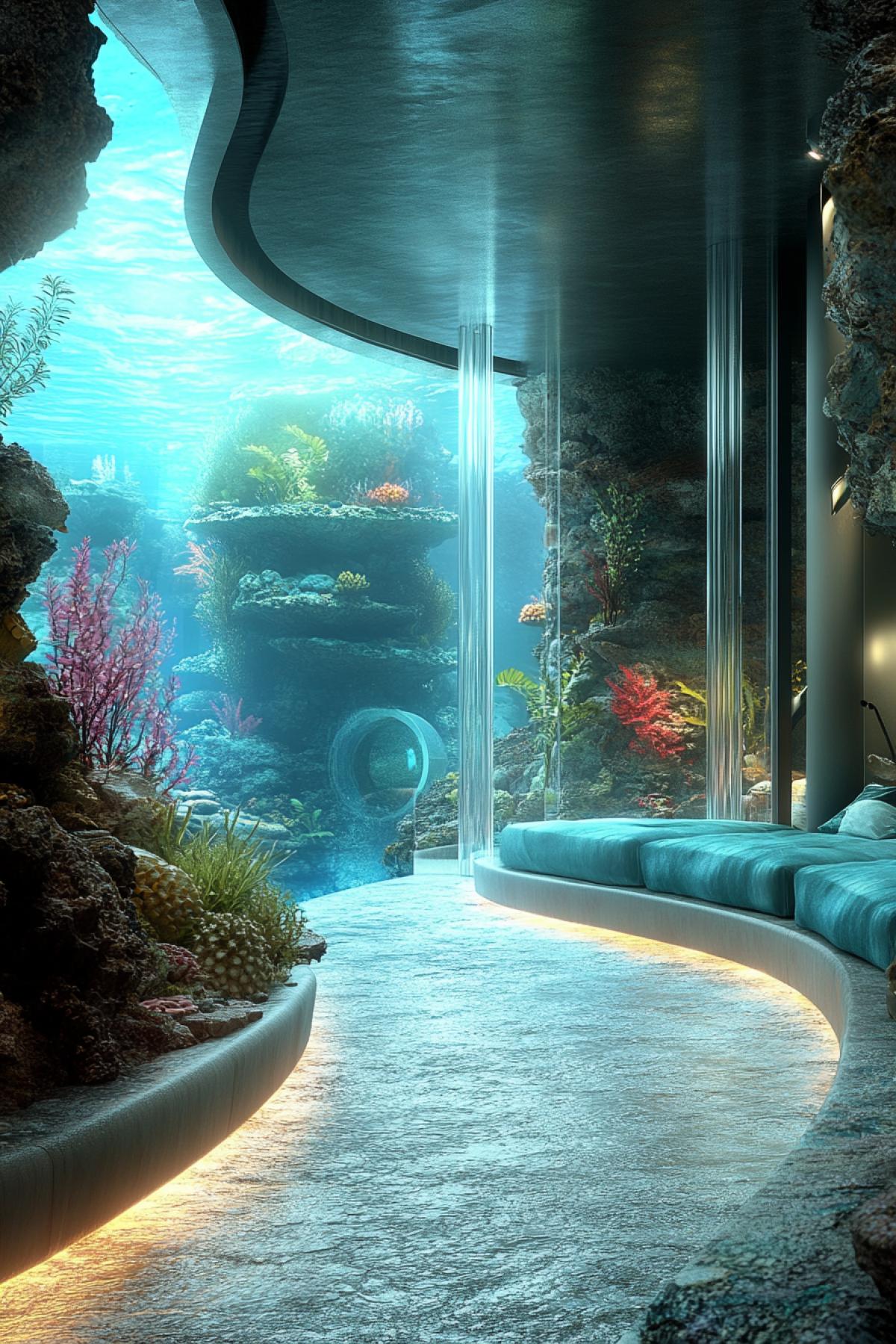 The atmospheric, aesthetically completed picture of the underwater hotel, which combines the technologies of the future and the beauty of the underwater world, the interior decoration in the style of realism.