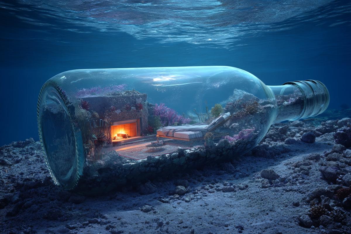 Underwater sea hotel in the form of a big transparent bottle at the bottom of the sea lying on the side, inside the rest room with fireplace surrealism realism