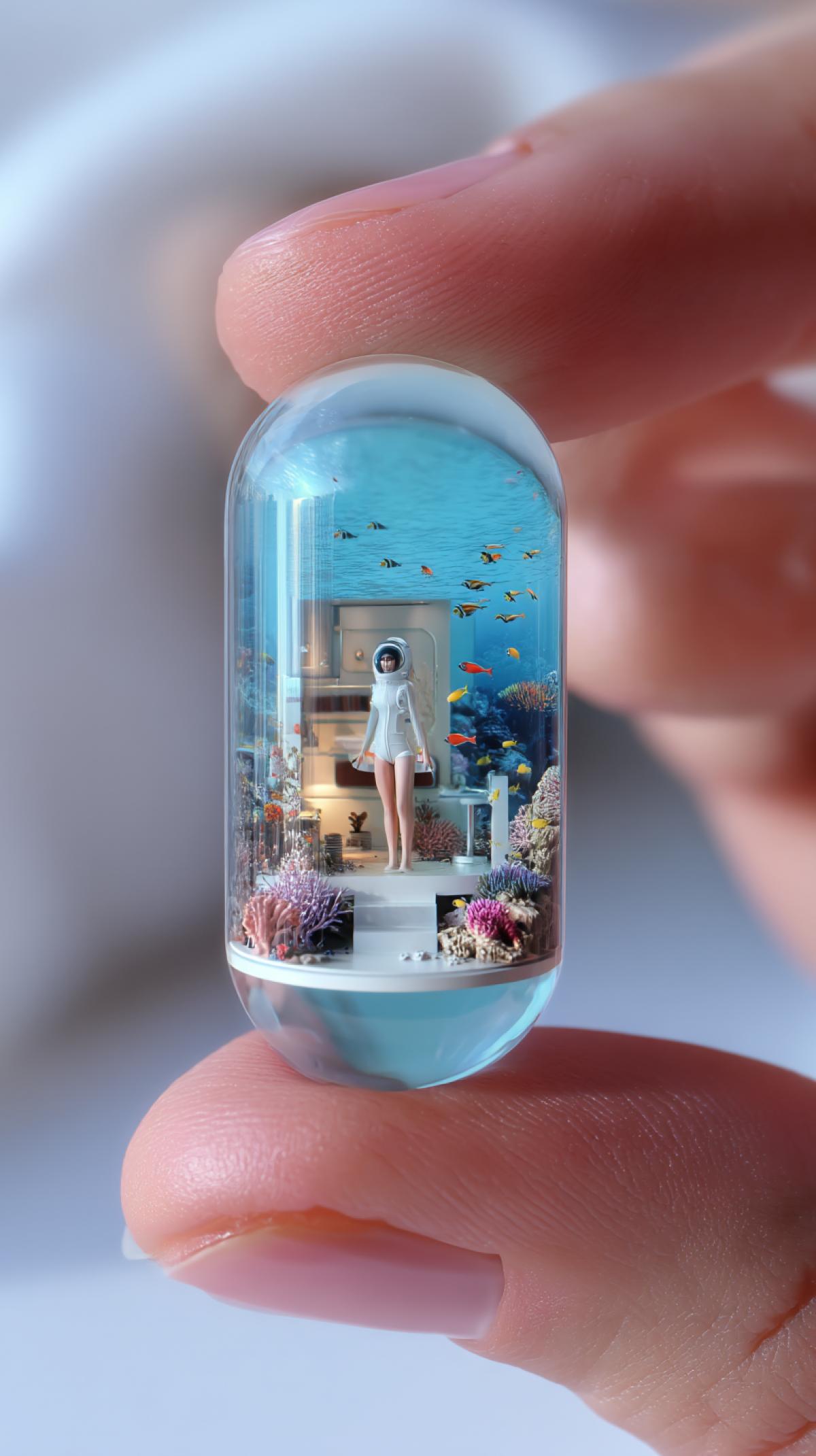 Create a portrait.ratio photo for this hint.. A highly detailed transparent. diorama in the shape of a gashapon capsule,. carefully held between. a womans index. finger and thumb, with an image of [a hotel room and a woman in a spacesuit in it] inside the capsule.. Capsule design:. transparent glass wall, [blue] podium with. [MICRO] engraving at the bottom. Cinematic lighting,. miniature scale, aesthetics. dioramas, overdetalization with soft [. BLUE] gradient on the background, sideways,. motion elements, soft focus,. portrait ratio,. photorealistic, light dust effect. underwater scene, bright sea fish and corals. high detail, high definition, hd, photoshop