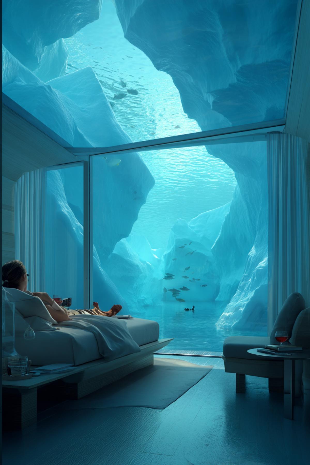 luxury underwater hotel suite beneath a massive glowing iceberg, shimmering cyan light filtering through, panoramic glass walls, elegant interior, person relaxing on a bed with marine life outside, surreal and breathtaking