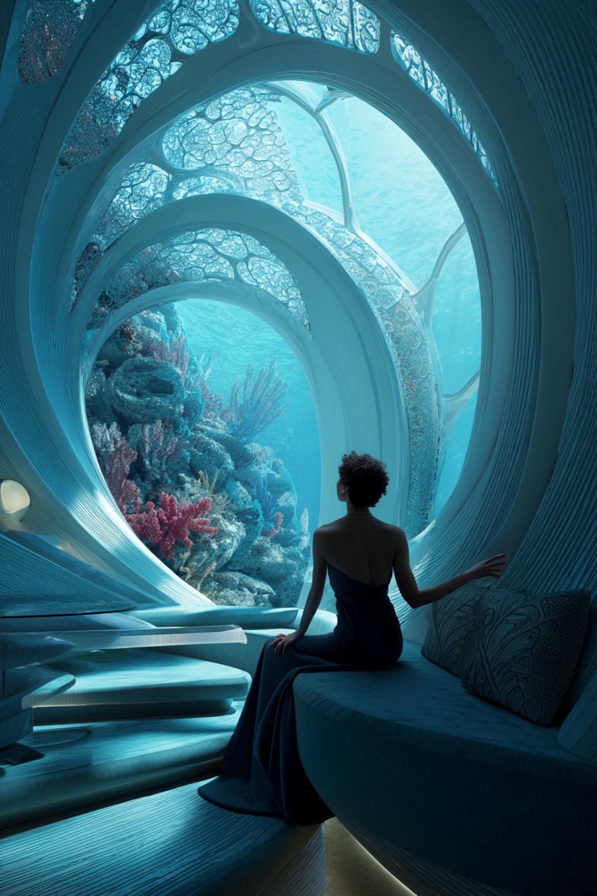 futuristic underwater hotel built inside a colossal seashell spiral, glowing bioluminescent corals, whimsical design, elegant female guest looking out of curved glass window, dreamy underwater lighting