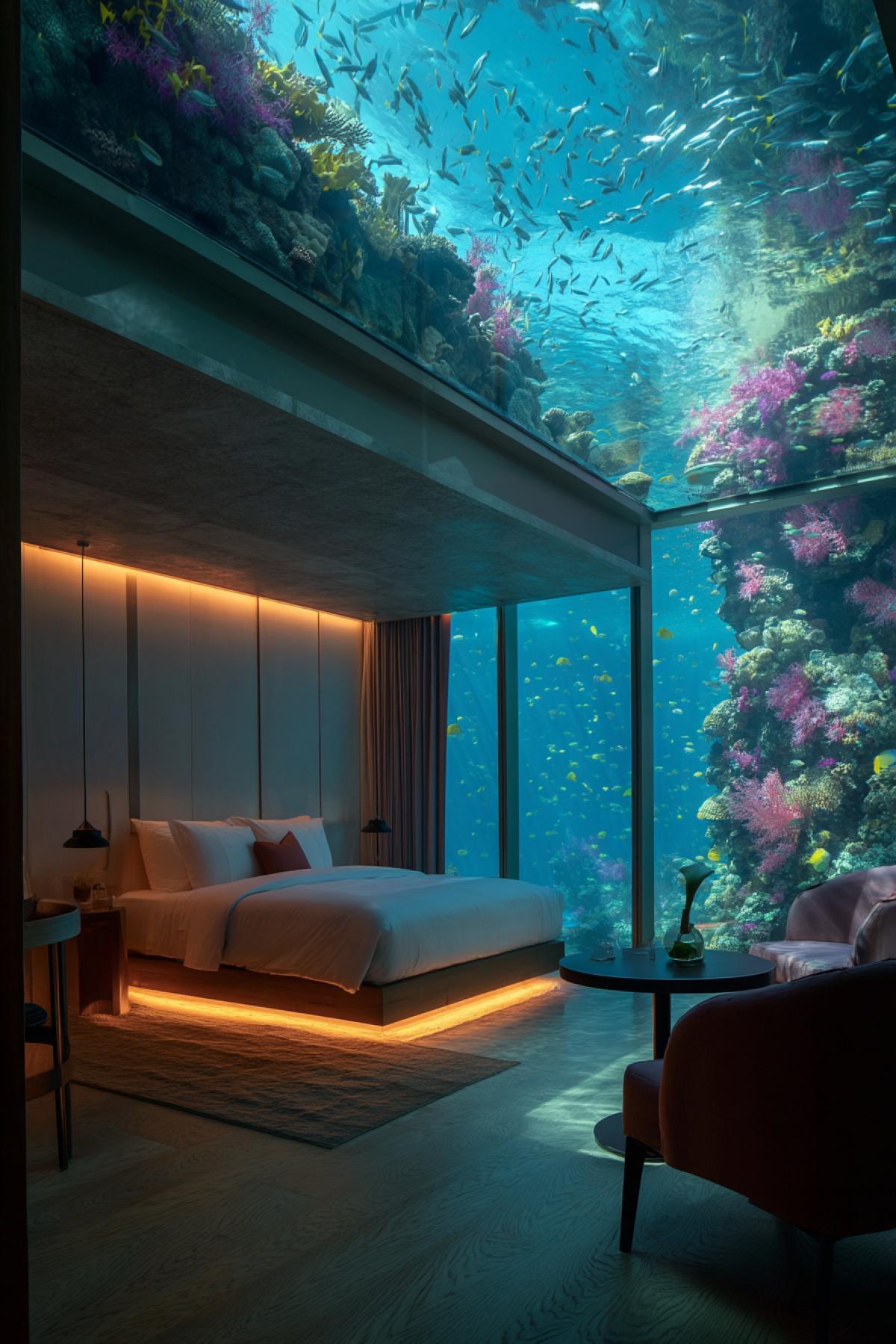 luxury underwater hotel room with 180-degree glass walls, coral reef teeming with colorful fish outside, warm ambient lighting inside, elegant minimalistic design, peaceful and dreamy atmosphere