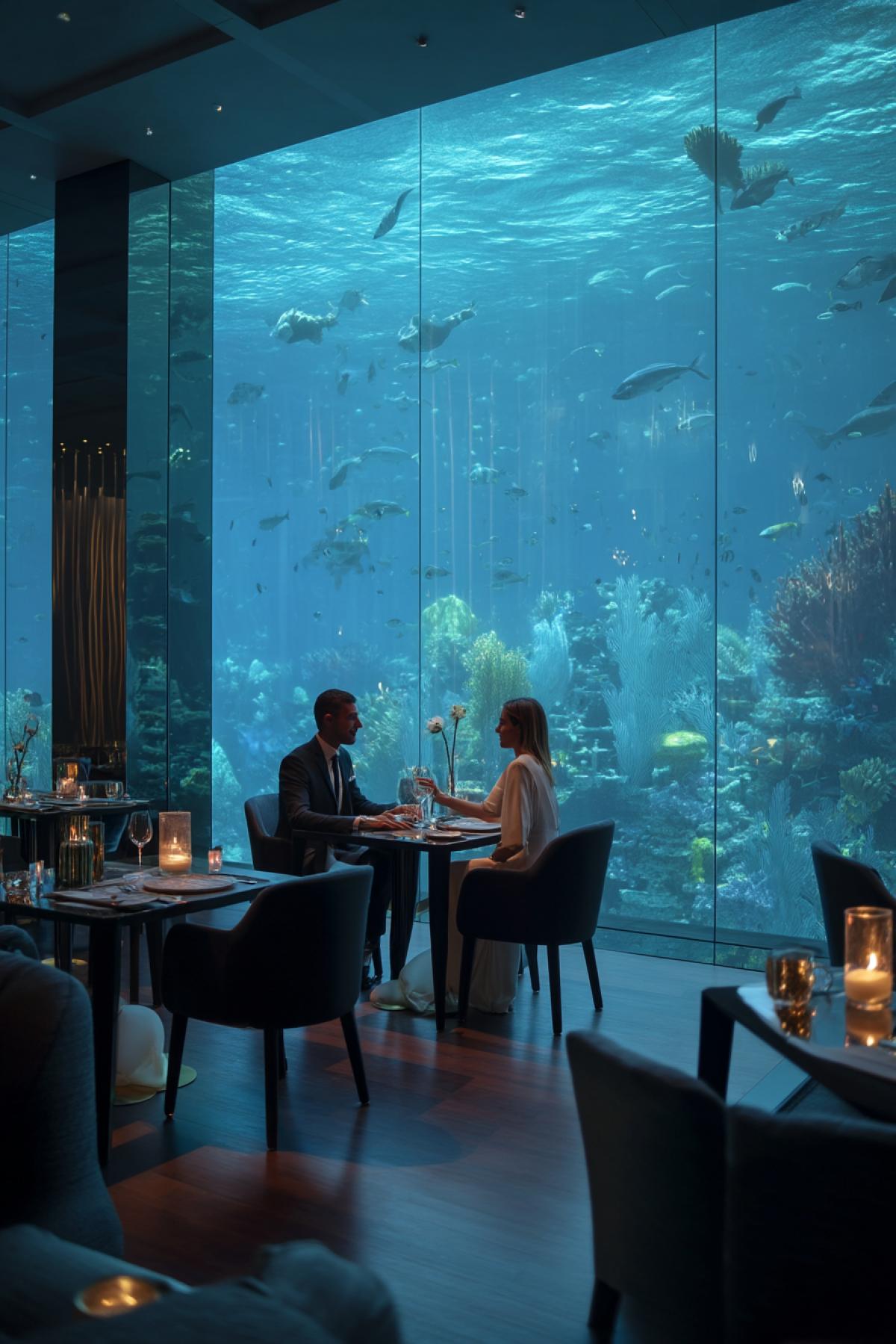 underwater restaurant inside a luxury hotel, couple dining at candlelit table, surrounded by glass walls and glowing oceanic life, romantic ambiance, modern interior, blue and gold color palette
