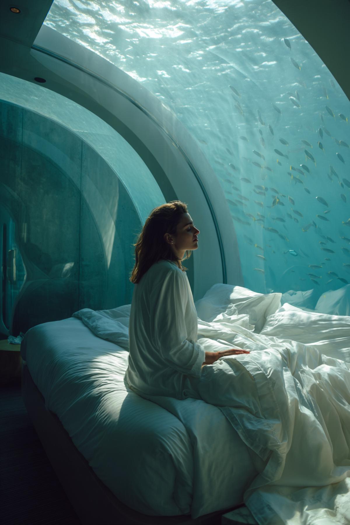 young woman waking up in underwater hotel suite, soft morning light streaming through curved glass wall, fish swimming by, white linens, peaceful face, minimalistic design, dreamlike serenity